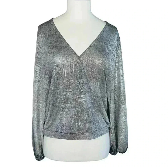 Anthropologie Carys Dolman Metallic Silver Faux Wrap Blouse Top XSP - Picture 4 of 9